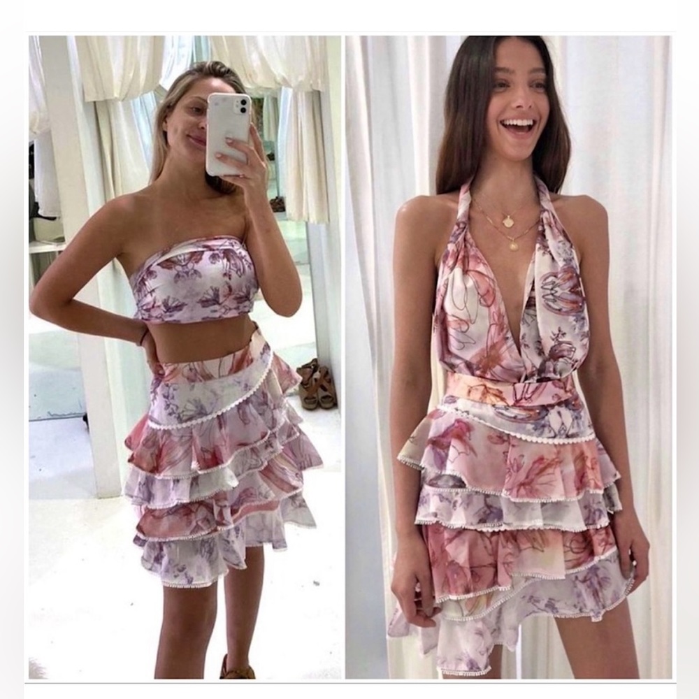 NWT IXIAH Outlaw Legacy Set: Floral Tiered Ruffle Mini Skirt & Tie Top/Sash